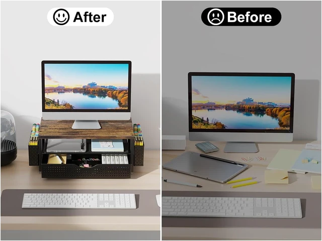 Alt view image 6 of 7 - Desk Organizers and Accessories, Monitor Stand with Drawer and 2 Pen Holder, Desktop Organizer Suitable for Offices and Dormitories (Wood)