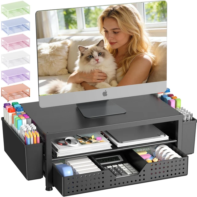 Main image of Desk Organizers and Accessories, Computer Monitor Stand Riser with Drawer and 2 Pen Holders, Printer & Laptop Stand, Office Desk Accessories & Workspace Organizers for Home Office Supplies, Black