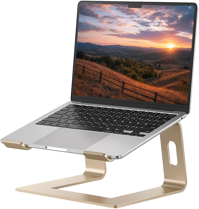 Main image of Laptop Stand, Aluminum Ergonomic Desk Riser, 10-15.6", Gold | Aluminum Computer Stand, 6" Elevation, Open Cooling, Supports Up to 8.8 lbs, Detachable 3-Piece, Office Desk Accessories