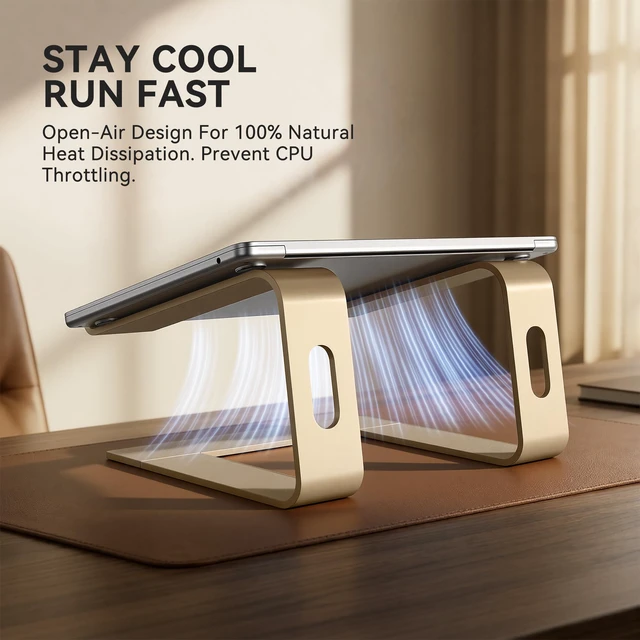 Alt view image 2 of 7 - Laptop Stand, Aluminum Ergonomic Desk Riser, 10-15.6", Gold | Aluminum Computer Stand, 6" Elevation, Open Cooling, Supports Up to 8.8 lbs, Detachable 3-Piece, Office Desk Accessories