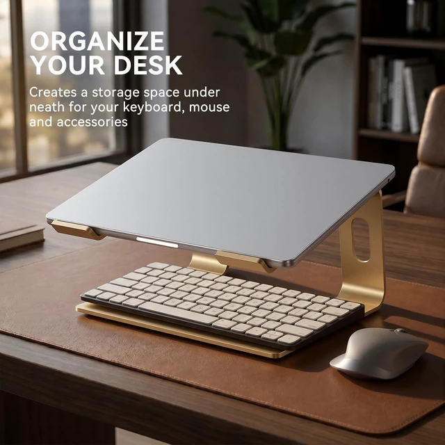 Alt view image 4 of 7 - Laptop Stand, Aluminum Ergonomic Desk Riser, 10-15.6", Gold | Aluminum Computer Stand, 6" Elevation, Open Cooling, Supports Up to 8.8 lbs, Detachable 3-Piece, Office Desk Accessories