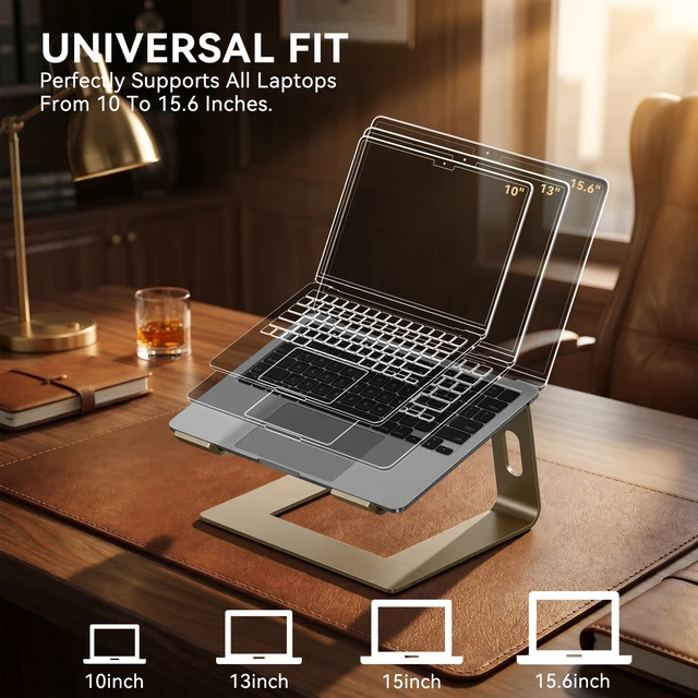 Alt view image 5 of 7 - Laptop Stand, Aluminum Ergonomic Desk Riser, 10-15.6", Gold | Aluminum Computer Stand, 6" Elevation, Open Cooling, Supports Up to 8.8 lbs, Detachable 3-Piece, Office Desk Accessories