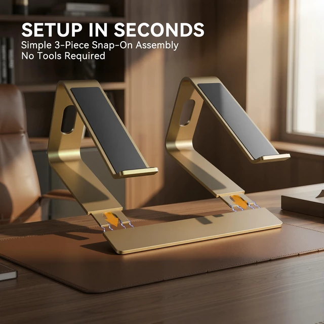 Alt view image 6 of 7 - Laptop Stand, Aluminum Ergonomic Desk Riser, 10-15.6", Gold | Aluminum Computer Stand, 6" Elevation, Open Cooling, Supports Up to 8.8 lbs, Detachable 3-Piece, Office Desk Accessories