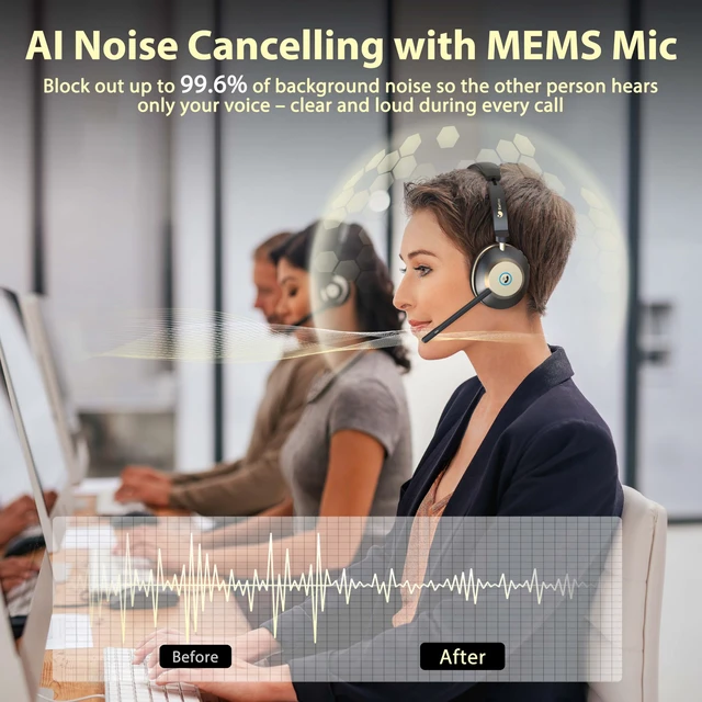 Alt view image 3 of 7 - 5.3 Bluetooth Headset with USB Dongle & Noise Canceling Mic, Wireless Headset with Mic for Work, 50Hrs Playtime Wireless Headphones with Charge Dock & Mic Mute, for PC/Laptop/Phone/Teams/Zoom