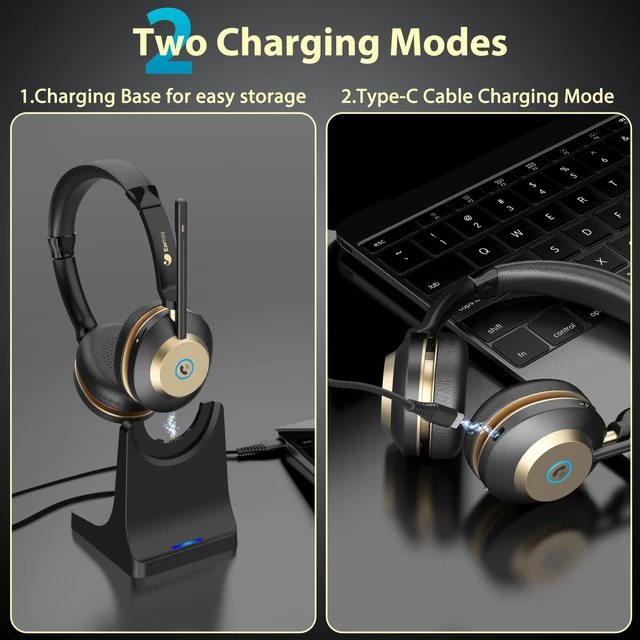Alt view image 6 of 7 - 5.3 Bluetooth Headset with USB Dongle & Noise Canceling Mic, Wireless Headset with Mic for Work, 50Hrs Playtime Wireless Headphones with Charge Dock & Mic Mute, for PC/Laptop/Phone/Teams/Zoom