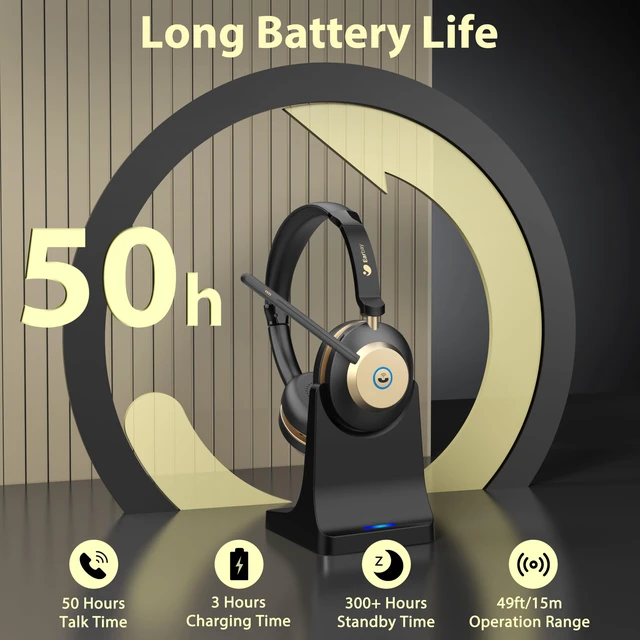 Alt view image 7 of 7 - 5.3 Bluetooth Headset with USB Dongle & Noise Canceling Mic, Wireless Headset with Mic for Work, 50Hrs Playtime Wireless Headphones with Charge Dock & Mic Mute, for PC/Laptop/Phone/Teams/Zoom