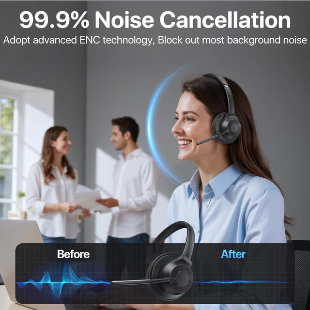 Alt view image 3 of 7 - wireless headset with mic for work, noise cancelling headphones with mic | Bluetooth 5.4 Over-Ear Headphones, Multipoint Connection, Noise-Reducing Mic for Work, Mobile,Laptop, Zoom & Office Black
