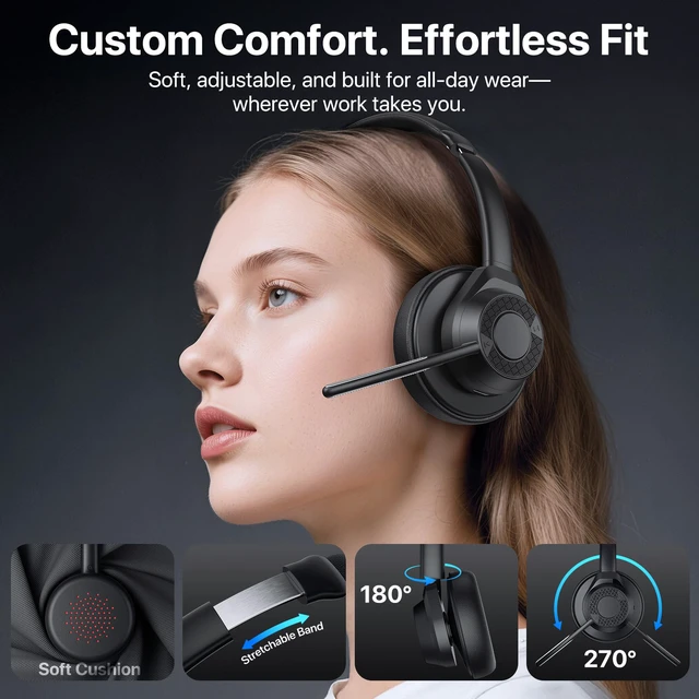 Alt view image 5 of 7 - wireless headset with mic for work, noise cancelling headphones with mic | Bluetooth 5.4 Over-Ear Headphones, Multipoint Connection, Noise-Reducing Mic for Work, Mobile,Laptop, Zoom & Office Black