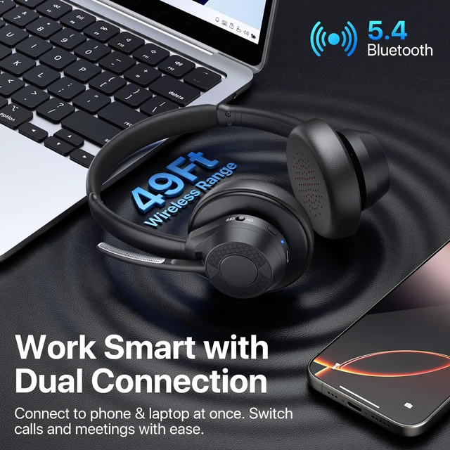 Alt view image 6 of 7 - wireless headset with mic for work, noise cancelling headphones with mic | Bluetooth 5.4 Over-Ear Headphones, Multipoint Connection, Noise-Reducing Mic for Work, Mobile,Laptop, Zoom & Office Black