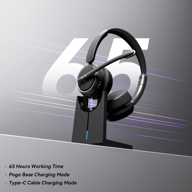 Alt view image 5 of 7 - Wireless Headset with Mic for Work, Bluetooth Headset with Noise Canceling Mic & Charging Base, Wireless Headphones with Mic for Remote Workers/Call Center/PC/Laptop/Computer/Home/Office/Zoom/Teams