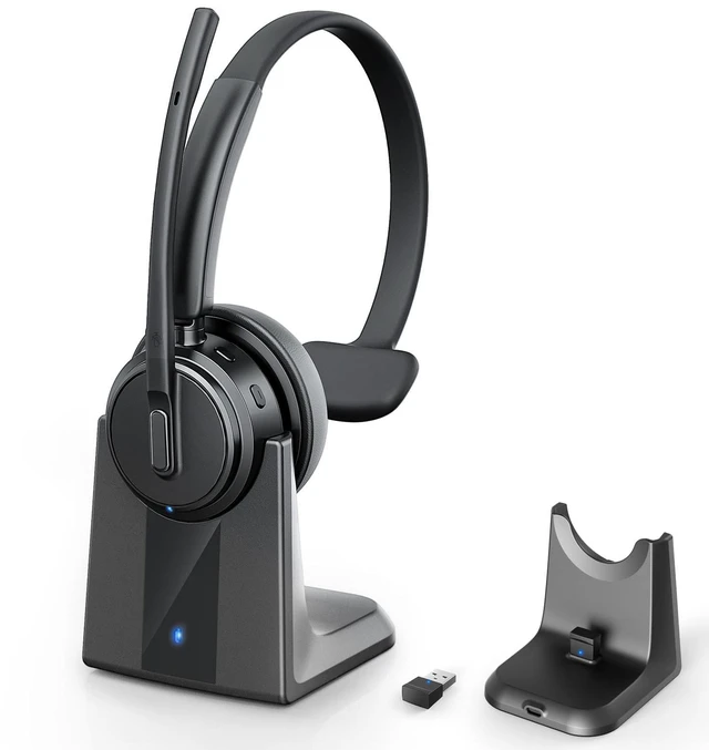 Main image of Wireless Headset with Mic for Work, Bluetooth Headset ENC Noise Cancelling | Charging Base & USB Dongle Included | One-Key Mute | Ideal for Home Office, Call Center, Trucker-Black