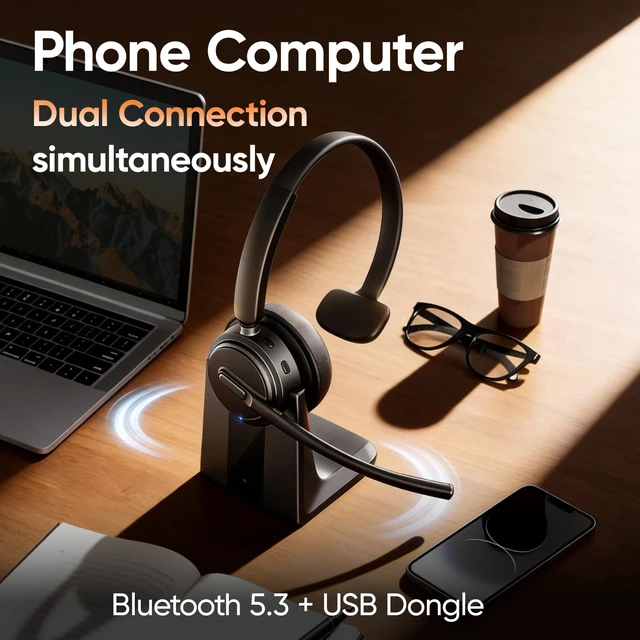 Alt view image 3 of 7 - Wireless Headset with Mic for Work, Bluetooth Headset ENC Noise Cancelling | Charging Base & USB Dongle Included | One-Key Mute | Ideal for Home Office, Call Center, Trucker-Black