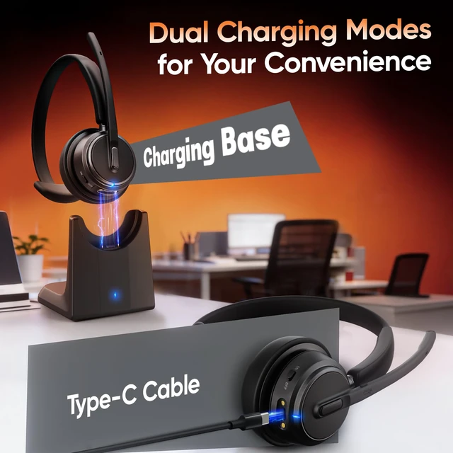 Alt view image 5 of 7 - Wireless Headset with Mic for Work, Bluetooth Headset ENC Noise Cancelling | Charging Base & USB Dongle Included | One-Key Mute | Ideal for Home Office, Call Center, Trucker-Black