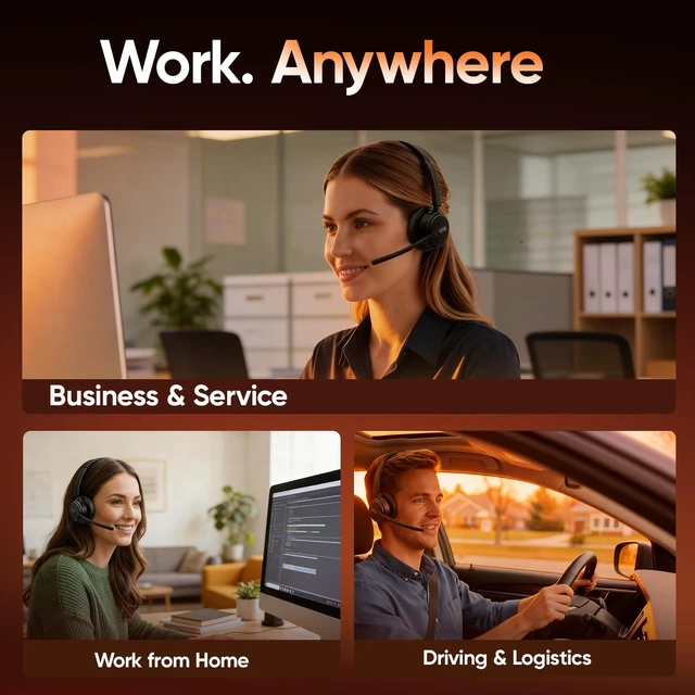 Alt view image 7 of 7 - Wireless Headset with Mic for Work, Bluetooth Headset ENC Noise Cancelling | Charging Base & USB Dongle Included | One-Key Mute | Ideal for Home Office, Call Center, Trucker-Black
