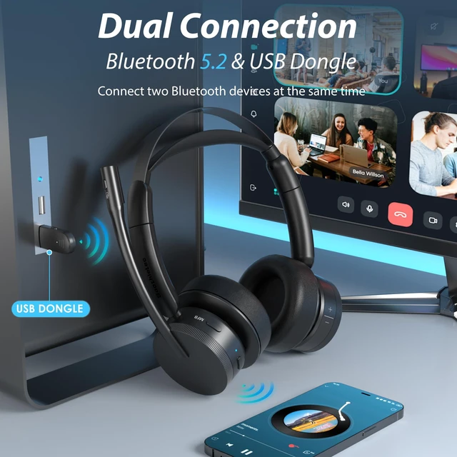 Alt view image 3 of 7 - Wireless Headset with Mic for Work, Bluetooth Headset with Noise Cancelling | On-Ear Headphones, USB Dongle & Mute Button, Plug-and-Play for PC/Laptop/Phone (Black)