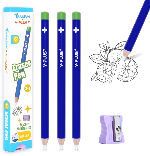 Main image of Eraser Pen with Sharpener, Fine Detail Erasing, Blue, 3 Pcs | Pen-style sharpenable erasers for kids, artists and adults, school and art use, back to school supplies