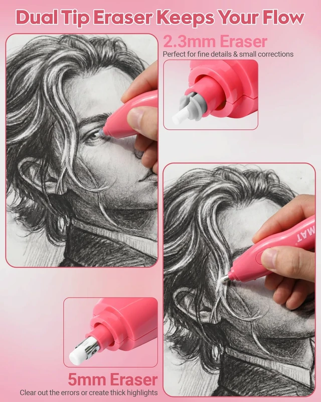 Alt view image 3 of 6 - Electric Eraser with 140 Eraser Refills, Rechargeable Pencil Erasers for Artists, Electric Erasers for Drafting, Drawing, Painting, Sketching, Architectural Plans, Detailer Tool EE25(Red)
