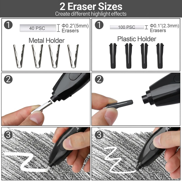 Alt view image 3 of 7 - Electric Eraser, with 140 Eraser Refills, Rechargeable Pencil Erasers for Artists, Electric Erasers for Drafting, Drawing, Painting, Sketching, Architectural Plans, Detailer Tool EE25(Black)