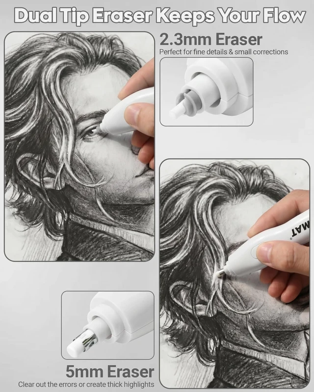 Alt view image 3 of 6 - Electric Eraser, Dual Tip, 140 Eraser Refills, Rechargeable Pencil Erasers for Artists, Electric Erasers for Drafting, Drawing, Painting, Sketching, Architectural Plans, Detailer Tool EE25