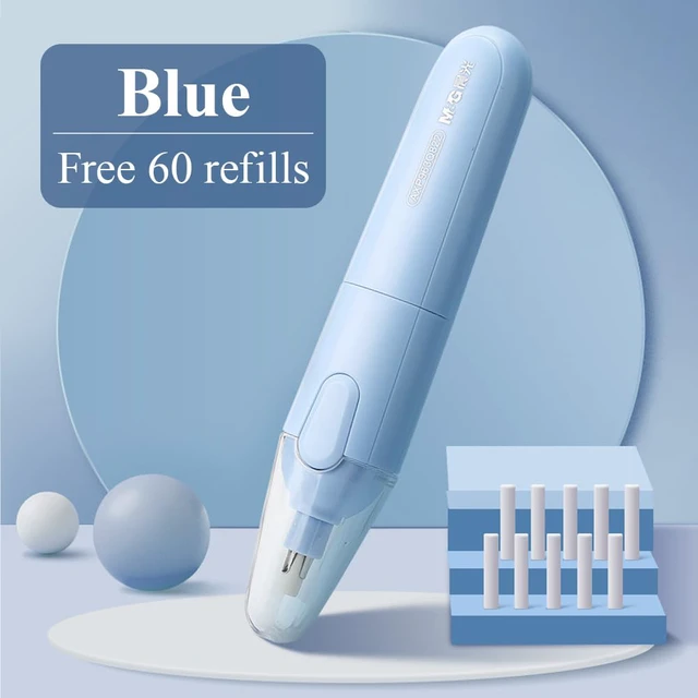 Alt view image 2 of 7 - Electric Eraser for Artists, Rechargeable 60 Eraser Refills, Automatic Portable Plastic Pen, Requires 2 AAA Batteries (Not Included), Battery Operated for Drafting, Sketching, Painting (Blue)