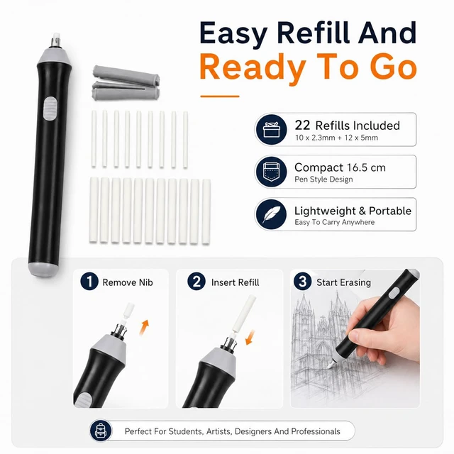 Alt view image 6 of 7 - Electric Eraser with 22 Refills for Sketching Drawing and Pencil Art | Portable Battery Powered Eraser for Precise Pencil Correction with Two Tip Sizes for Artists Students and Design Work