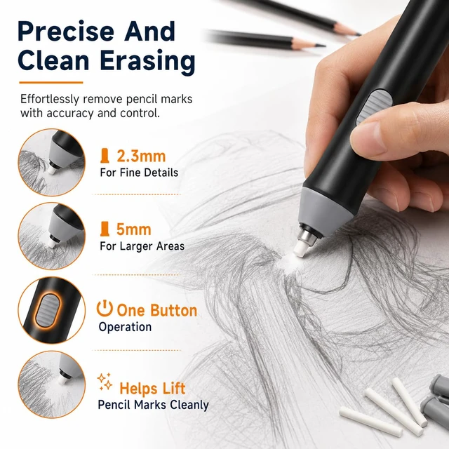 Alt view image 7 of 7 - Electric Eraser with 22 Refills for Sketching Drawing and Pencil Art | Portable Battery Powered Eraser for Precise Pencil Correction with Two Tip Sizes for Artists Students and Design Work