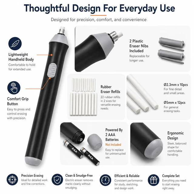 Alt view image 4 of 7 - Electric Eraser with 22 Refills for Sketching Drawing and Pencil Art | Portable Battery Powered Eraser for Precise Pencil Correction with Two Tip Sizes for Artists Students and Design Work