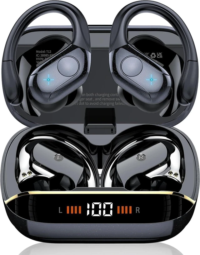 Main image of 75H Sports Wireless Earbuds Bluetooth 5.4 Headphones Stereo Deep Bass,Black | Over Ear Buds with Earhooks, LED Display Bluetooth Earbuds with 4 ENC Mic, IP7 Waterproof Earphone for Running