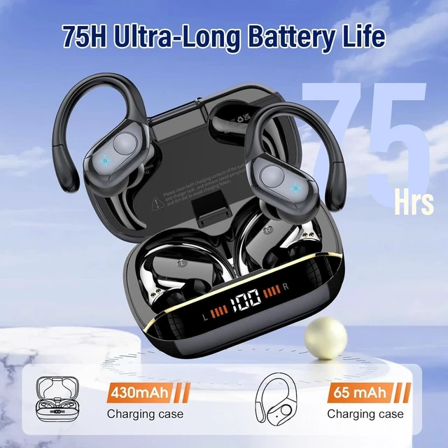 Alt view image 4 of 7 - 75H Sports Wireless Earbuds Bluetooth 5.4 Headphones Stereo Deep Bass,Black | Over Ear Buds with Earhooks, LED Display Bluetooth Earbuds with 4 ENC Mic, IP7 Waterproof Earphone for Running