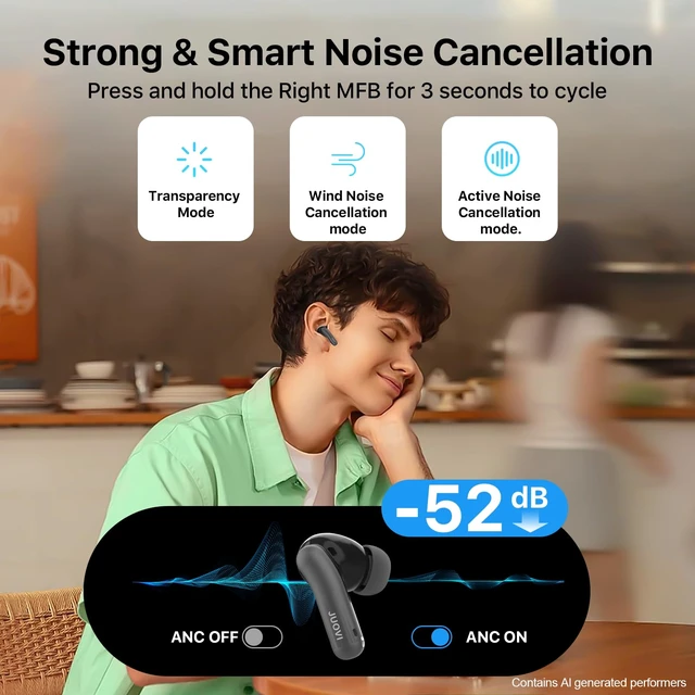 Alt view image 2 of 6 - Ture Wireless Earbuds Active Noise Cancelling Bluetooth Headphones 55H Playtime 6-Mic ENC Clear Calls, Bluetooth 5.4 IPX5, 52dB Hybrid ANC in-Ear Earbuds for Phone Laptop etc