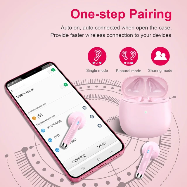 Alt view image 5 of 7 - Wireless Earbuds, Bluetooth 5.4 Earbuds Stereo Bass, Bluetooth Headphones | in Ear Noise Cancelling Mic, Wireless Earphones IP7 Waterproof Sports, 32H Playtime Mini USB C Charging Ear Buds Light Pink