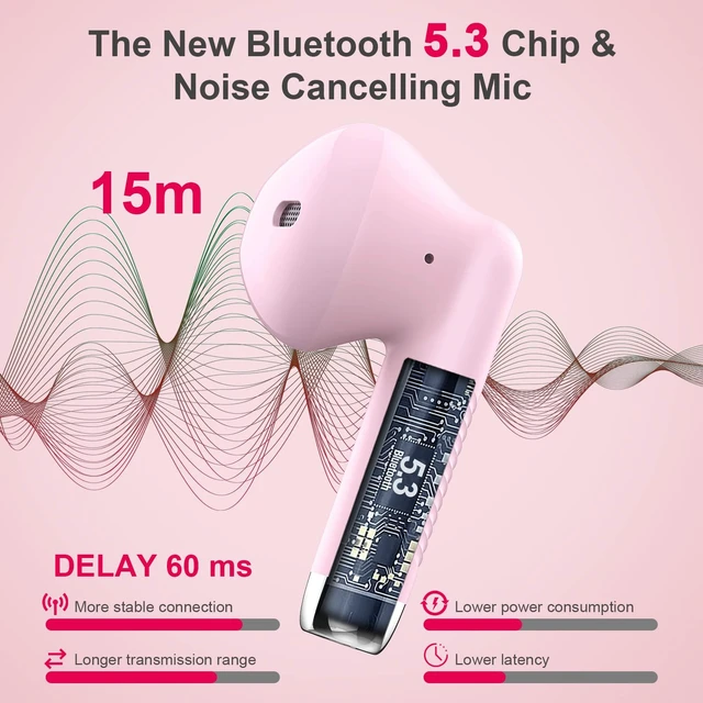 Alt view image 3 of 7 - Wireless Earbuds, Bluetooth 5.4 Earbuds Stereo Bass, Bluetooth Headphones | in Ear Noise Cancelling Mic, Wireless Earphones IP7 Waterproof Sports, 32H Playtime Mini USB C Charging Ear Buds Light Pink