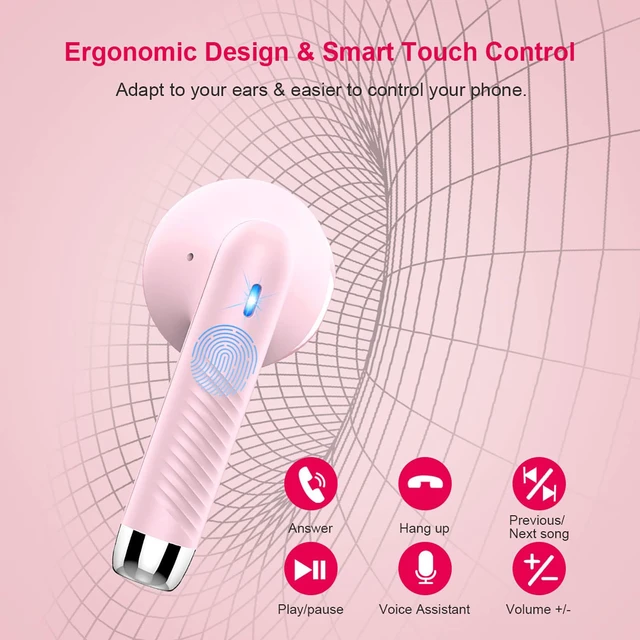Alt view image 6 of 7 - Wireless Earbuds, Bluetooth 5.4 Earbuds Stereo Bass, Bluetooth Headphones | in Ear Noise Cancelling Mic, Wireless Earphones IP7 Waterproof Sports, 32H Playtime Mini USB C Charging Ear Buds Light Pink
