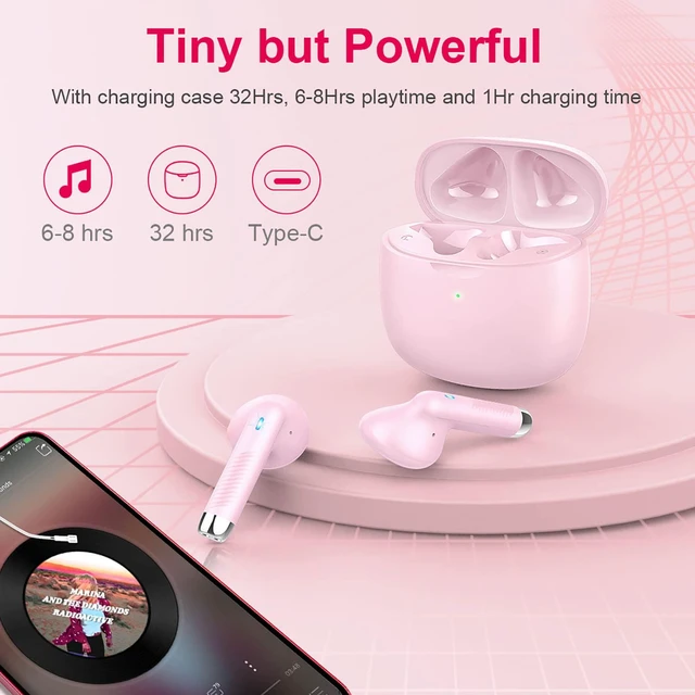 Alt view image 7 of 7 - Wireless Earbuds, Bluetooth 5.4 Earbuds Stereo Bass, Bluetooth Headphones | in Ear Noise Cancelling Mic, Wireless Earphones IP7 Waterproof Sports, 32H Playtime Mini USB C Charging Ear Buds Light Pink