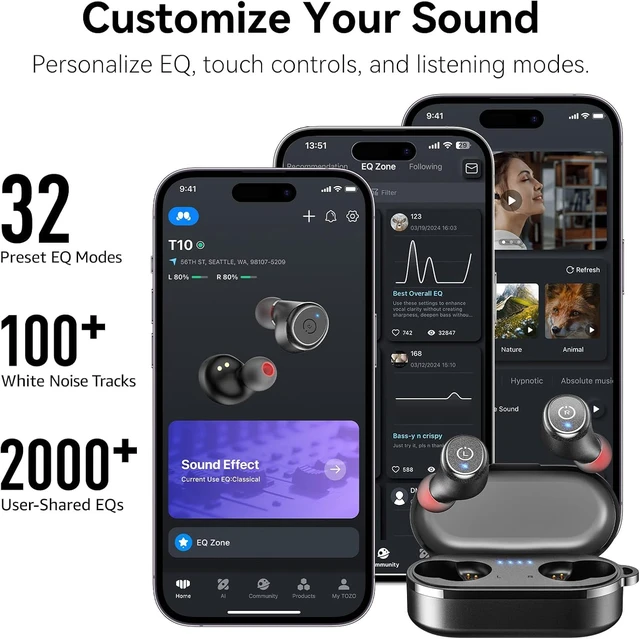 Alt view image 6 of 7 - T10 Wireless Earbuds Powerful Bass Stereo Wireless Charging, APP, IPX8 | Waterproof, 55H Playtime, Ergonomic Design In Ear buds, App Customize EQ, Bluetooth 5.3 Headphones for Work, Travel, Black