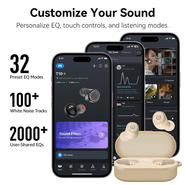 Alt view image 6 of 7 - T10 Wireless Earbuds Powerful Bass Stereo Wireless Charging, APP, IPX8 | Waterproof, 55H Playtime, Ergonomic Design In Ear buds, App Customize EQ, Bluetooth 5.3 Headphones for Work, Travel, Khaki