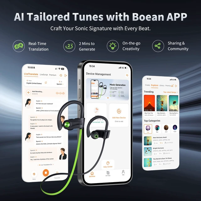 Alt view image 7 of 7 - Bluetooth Headphones, Wireless Earbuds IPX7 Waterproof for Gym | Bluetooth 5.3 Headphones with 16Hrs Playtime Stereo Bass Headsets with Mic Running Headsets with Earhooks for Sports Running