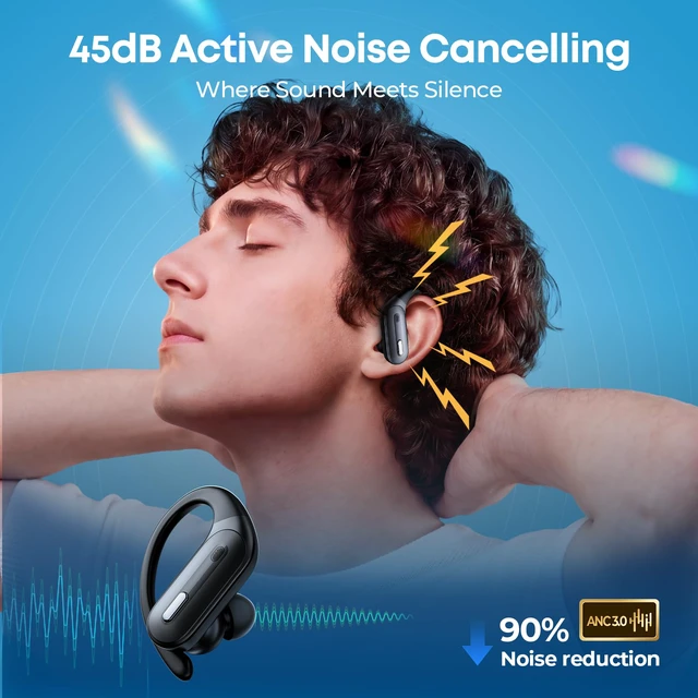Alt view image 2 of 6 - Active Noise Cancelling Wireless Earbuds Bluetooth Headphones 90 Hrs Playtime Ear Buds with Hi-Res Stereo Deep Bass Power Display Earphones with Earhooks Waterproof Transparency Headset Sports/Running