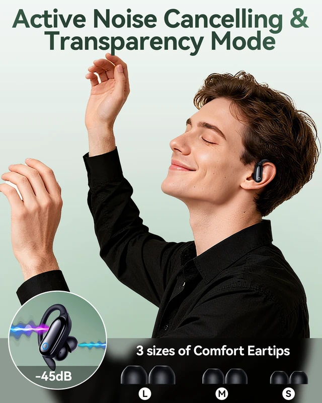 Alt view image 2 of 7 - Active Noise Cancelling Ear Buds Wireless Earbuds 96hrs Playback Bluetooth Headphones Dual Battery Display Stereo Bass Earphones with Earhooks Microphone IPX7 Waterproof for Sports/Runing/Workout