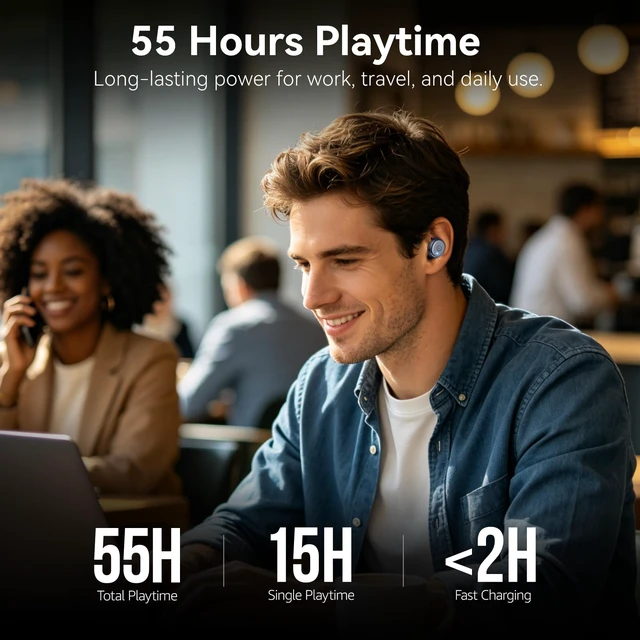 Alt view image 3 of 7 - T10 Wireless Earbuds Powerful Bass Stereo Wireless Charging, APP, IPX8 | Waterproof, 55H Playtime, Ergonomic Design In Ear buds, App Customize EQ, Bluetooth 5.3 Headphones for Work, Travel, Blue