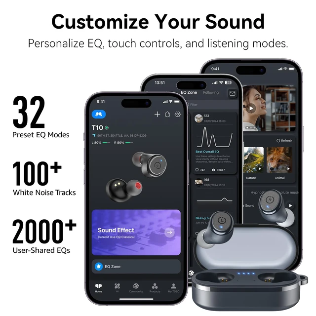 Alt view image 6 of 7 - T10 Wireless Earbuds Powerful Bass Stereo Wireless Charging, APP, IPX8 | Waterproof, 55H Playtime, Ergonomic Design In Ear buds, App Customize EQ, Bluetooth 5.3 Headphones for Work, Travel, Blue