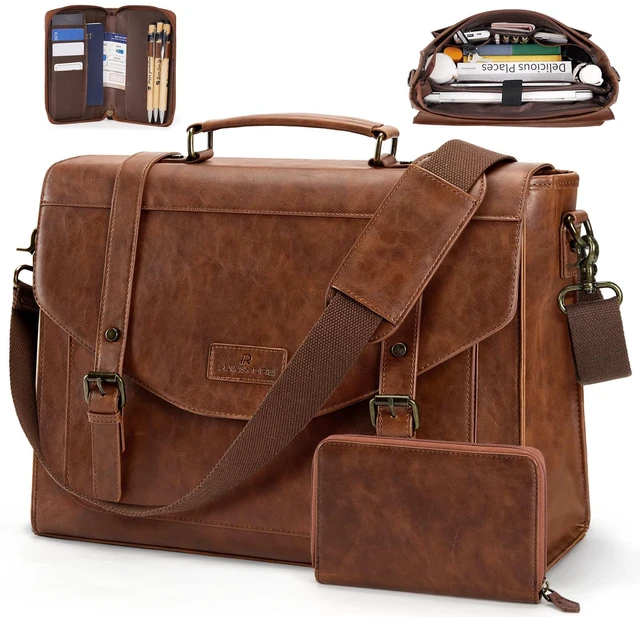 Main image of Flap Messenger Bag for Men Vintage PU Vegan Leather Laptop Bag 15.6 Inch Professional Mens Briefcase Waterproof Satchel Bag Men with Card Purse Computer Bag for Work College Office Brown