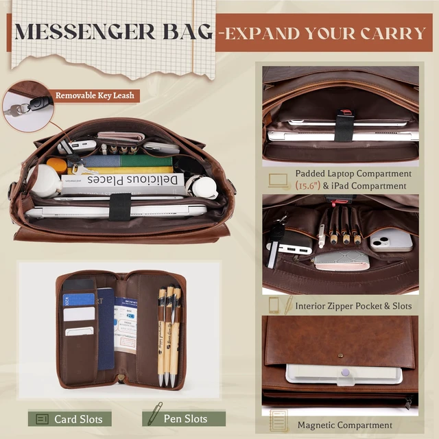 Alt view image 2 of 6 - Flap Messenger Bag for Men Vintage PU Vegan Leather Laptop Bag 15.6 Inch Professional Mens Briefcase Waterproof Satchel Bag Men with Card Purse Computer Bag for Work College Office Brown