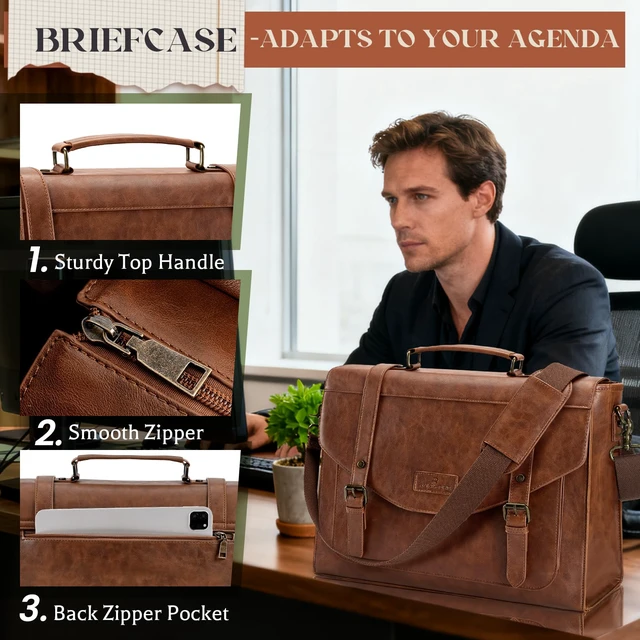 Alt view image 5 of 6 - Flap Messenger Bag for Men Vintage PU Vegan Leather Laptop Bag 15.6 Inch Professional Mens Briefcase Waterproof Satchel Bag Men with Card Purse Computer Bag for Work College Office Brown