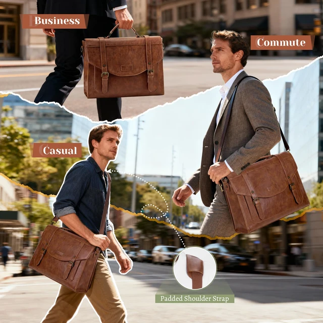 Alt view image 4 of 6 - Flap Messenger Bag for Men Vintage PU Vegan Leather Laptop Bag 15.6 Inch Professional Mens Briefcase Waterproof Satchel Bag Men with Card Purse Computer Bag for Work College Office Brown