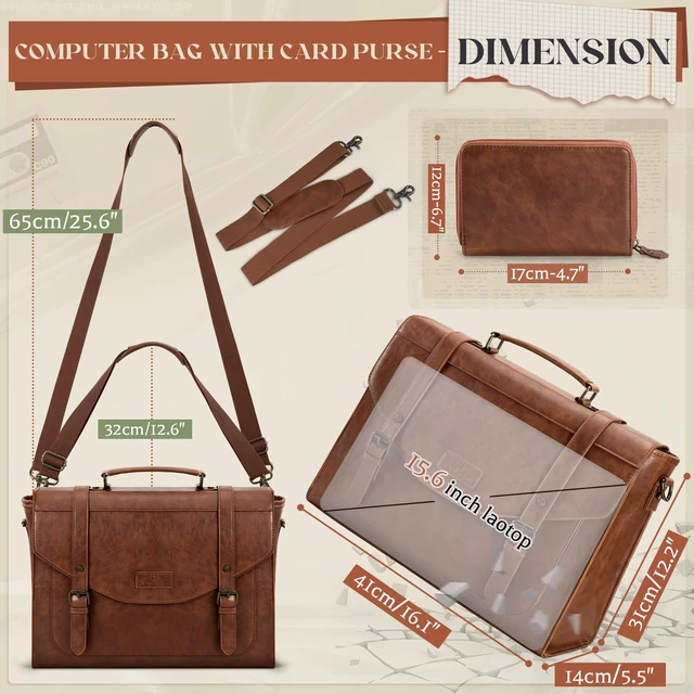 Alt view image 6 of 6 - Flap Messenger Bag for Men Vintage PU Vegan Leather Laptop Bag 15.6 Inch Professional Mens Briefcase Waterproof Satchel Bag Men with Card Purse Computer Bag for Work College Office Brown