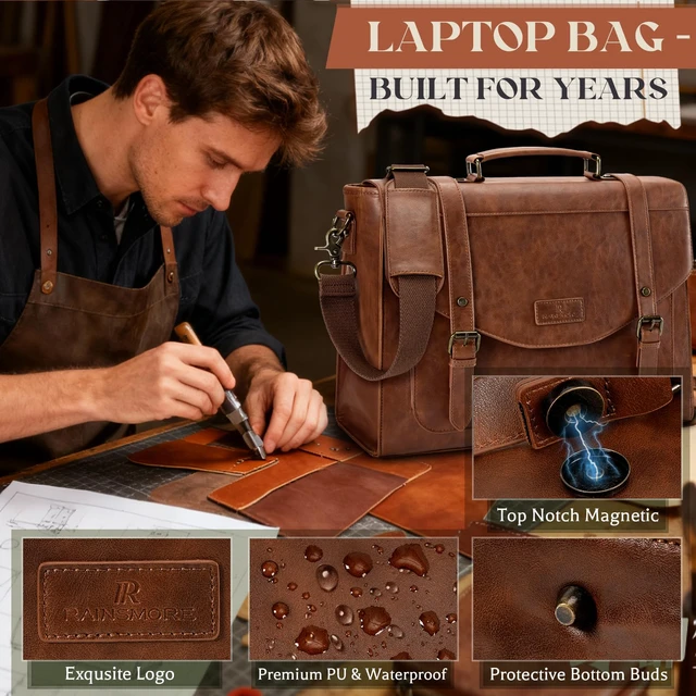 Alt view image 3 of 6 - Flap Messenger Bag for Men Vintage PU Vegan Leather Laptop Bag 15.6 Inch Professional Mens Briefcase Waterproof Satchel Bag Men with Card Purse Computer Bag for Work College Office Brown