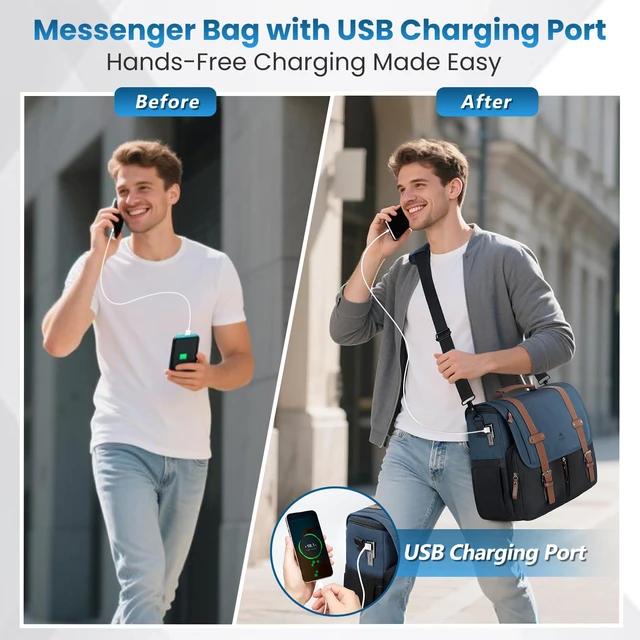 Alt view image 3 of 7 - Messenger Bag for School, 15.6 inch Mens Crossbody Satchel for Work | Laptop Bags with USB Charging Port, Large Student College Bag, Water Resistant Computer Briefcase for Office, Commuting