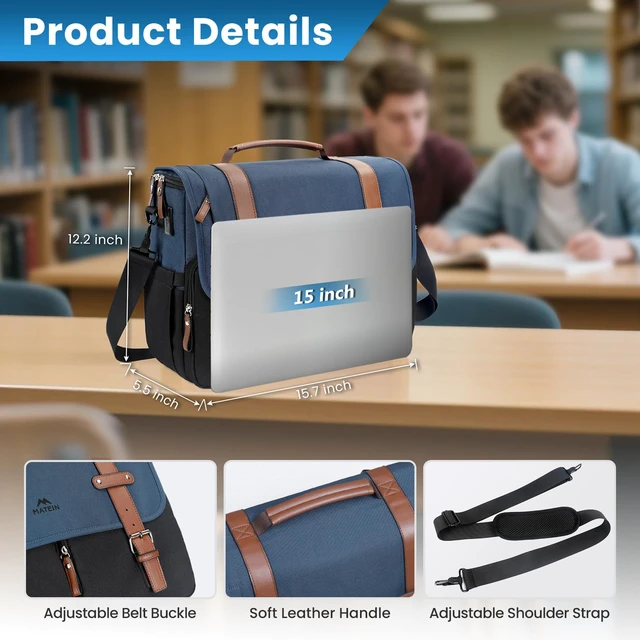 Alt view image 6 of 7 - Messenger Bag for School, 15.6 inch Mens Crossbody Satchel for Work | Laptop Bags with USB Charging Port, Large Student College Bag, Water Resistant Computer Briefcase for Office, Commuting