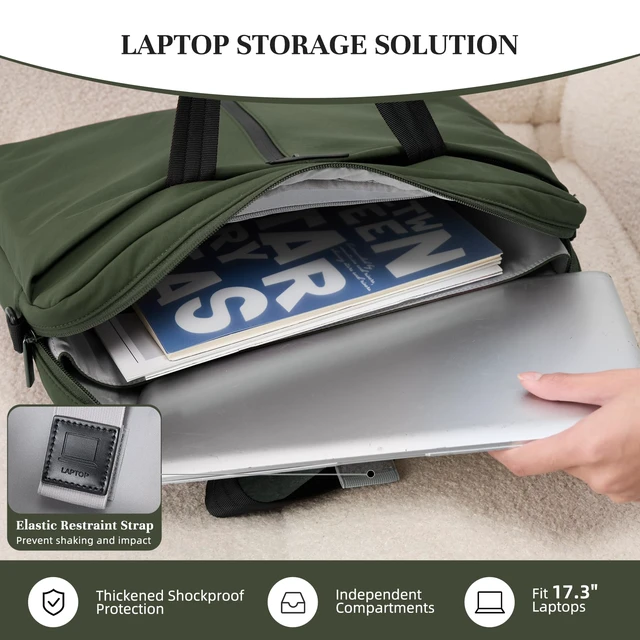 Alt view image 4 of 7 - 17.3 Inch Laptop Bag for Men Women, Lightweight Computer Bag Laptop Briefcase with Shoulder Strap, Water-Resistant Laptop Shoulder Bag Work Bag Business Travel Office, Olive Green